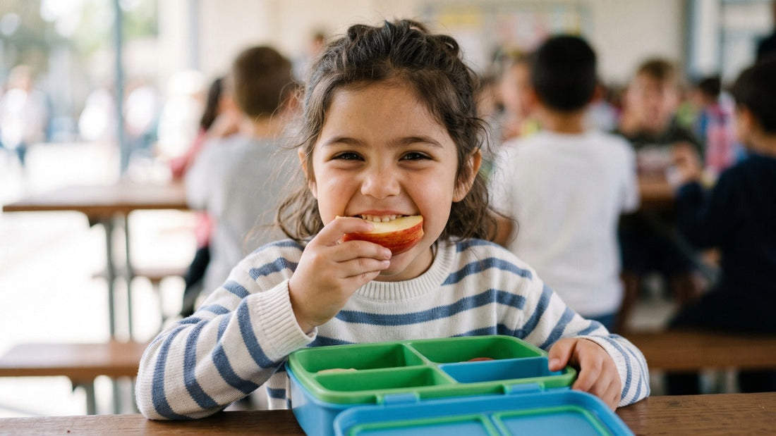 school kids enjoying a healthy school snack from her lunchbox